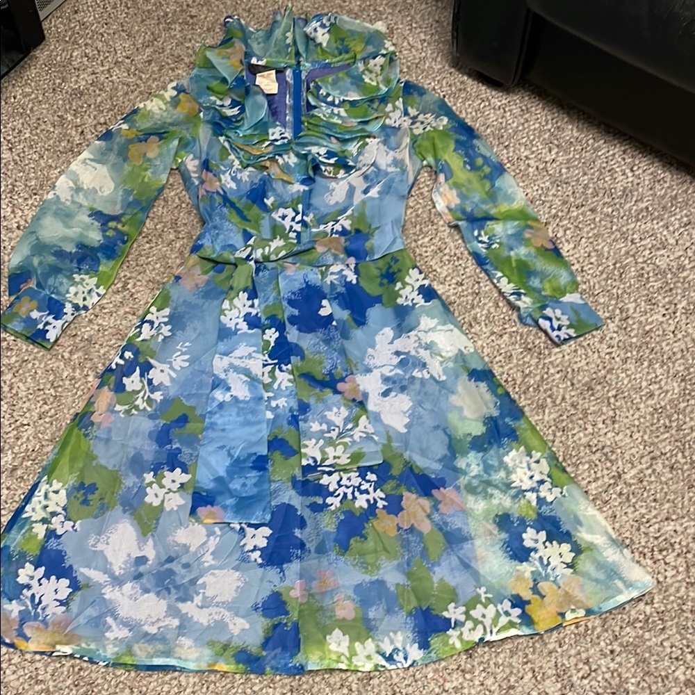 Vintage 70s Ruffle neck floral Long Sleeve Dress with belt